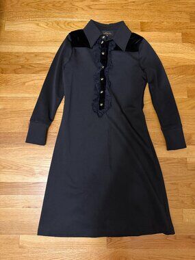 Knee-Length Velvet Detail Ruffle Black Dress